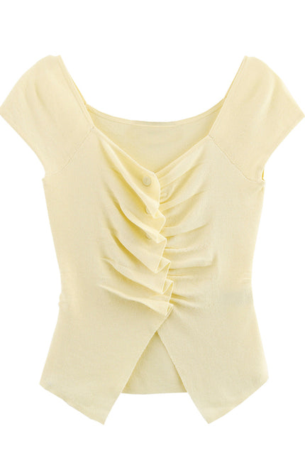 Buttons up Yellow Color Pleated Sleeveless Casual Fashion Women's tank Tops
