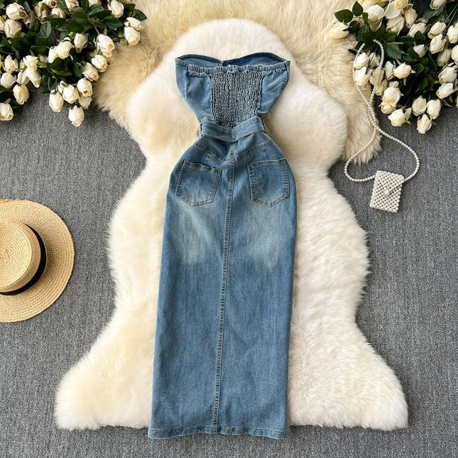 Sleeveless Sheath Women Summer New American Tight Split Denim Dresses