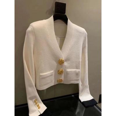 Knit Cardigan Women's Tops Autumn New Black and White Clashing Gold Buckle V-Neck Coat Jacket