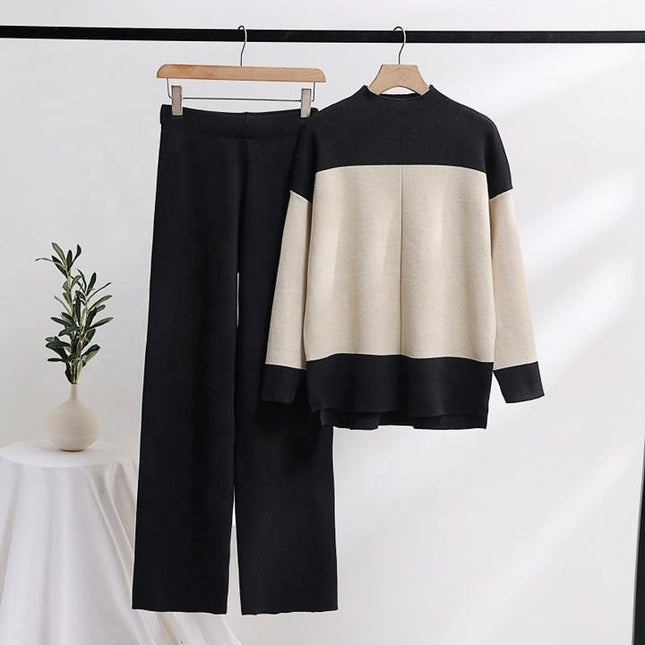 Women's Suit 2023 Autumn New Combination Contrast Knitted Top+pants Two Piece Set