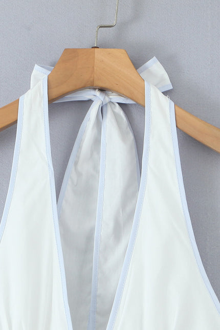 Back Hollow Out White Color Sleeveless Causal Fashion Summer Mini Cotton Halter Dress for Women