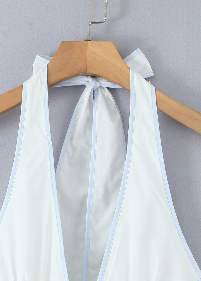 Back Hollow Out White Color Sleeveless Causal Fashion Summer Mini Cotton Halter Dress for Women