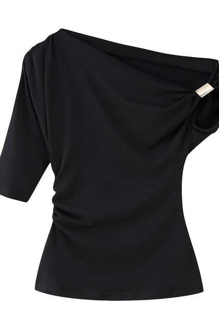 4 Colorway Asymmetrical Design Solid Color Short Sleeve Casual Fashion Tops for Women