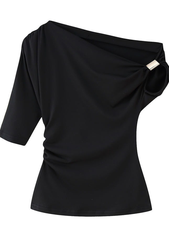 4 Colorway Asymmetrical Design Solid Color Short Sleeve Casual Fashion Tops for Women