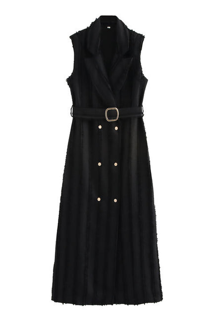 Notched collar black color double breasted sashes sleeveless casual fashion maxi dress for women