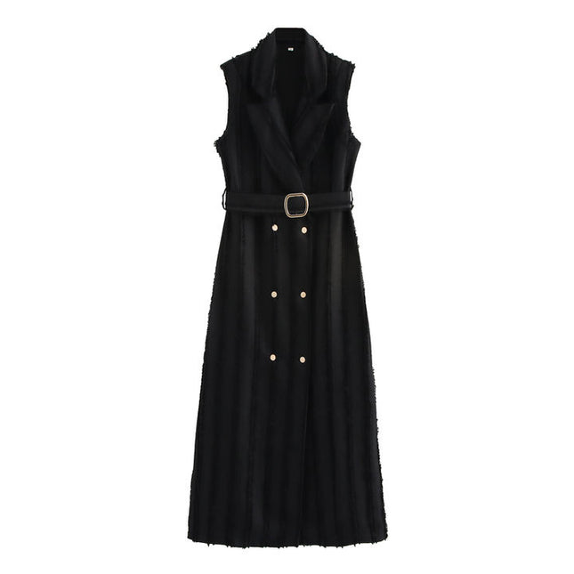 Notched collar black color double breasted sashes sleeveless casual fashion maxi dress for women