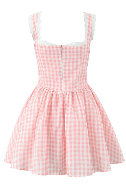 Shoulder Strap pink Color Plaid Print Zipper Fly Casual Fashion Mini slip Dress for Ladies