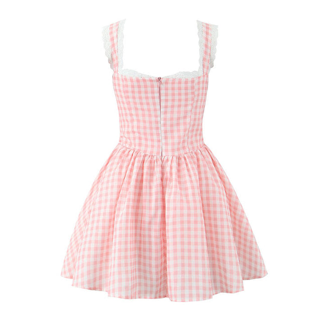 Shoulder Strap pink Color Plaid Print Zipper Fly Casual Fashion Mini slip Dress for Ladies