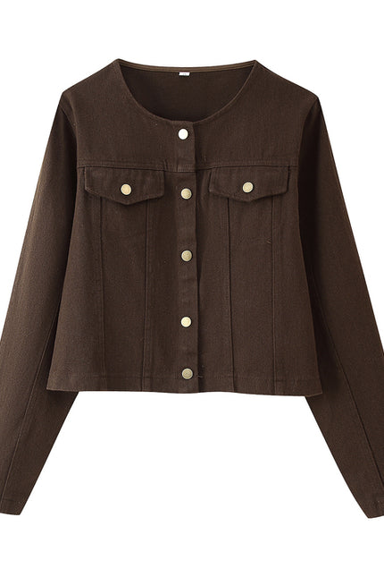 Crew Neck Single Breasted Long Sleeve Brown Color Hot Sale Casual Fashion Jeans Tops Blouse for Women