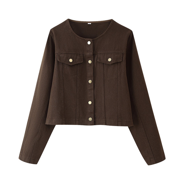 Crew Neck Single Breasted Long Sleeve Brown Color Hot Sale Casual Fashion Jeans Tops Blouse for Women