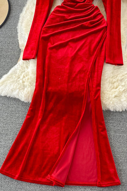New Korean Stylish Necklace Edge Long Sleeve Velvet Dress Women Slim Dresses