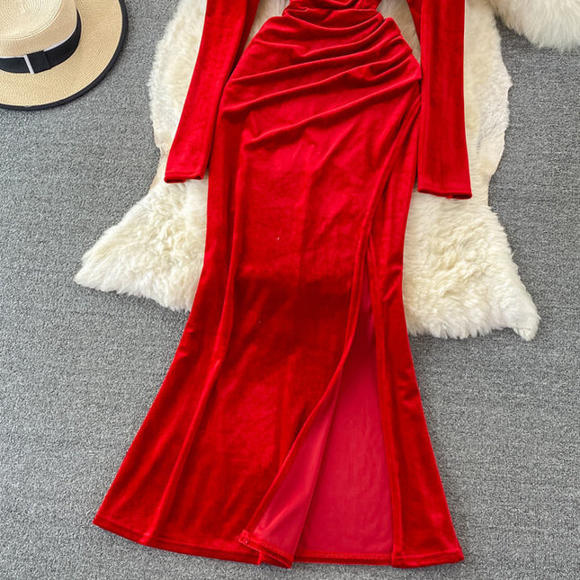 New Korean Stylish Necklace Edge Long Sleeve Velvet Dress Women Slim Dresses