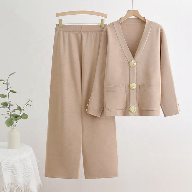 Wholesale Fall and Winter New V-Neck Single Row Button Cardigan Top Wide Leg Pants Knitted Two-Piece Set