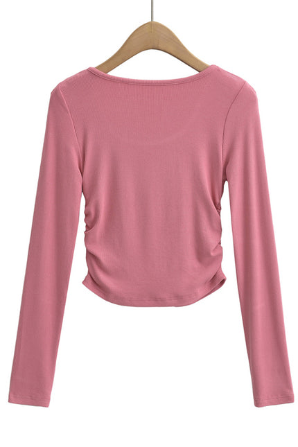 5 Colorway Solid Color Side Pleated Long Sleeve Crew Neck Casual Fashion Knitted Women t Shirt