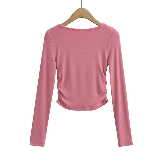 5 Colorway Solid Color Side Pleated Long Sleeve Crew Neck Casual Fashion Knitted Women t Shirt