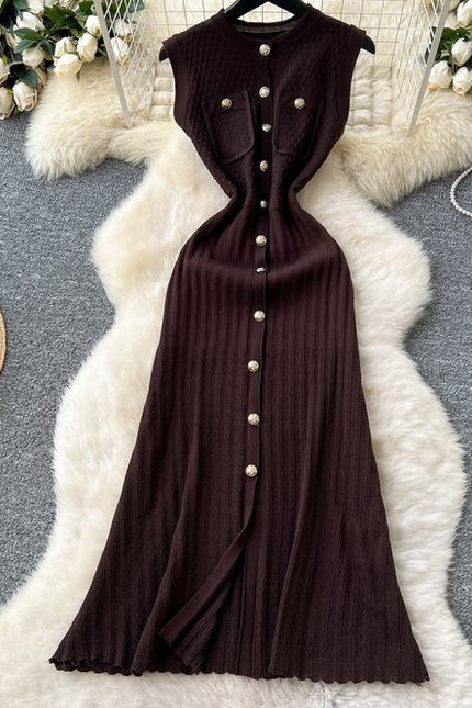 Round Neck Sleeveless Metal Buckle Slim Fit and Slimming Knitted Dress for Women Summer New Style