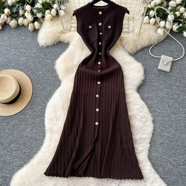 Round Neck Sleeveless Metal Buckle Slim Fit and Slimming Knitted Dress for Women Summer New Style