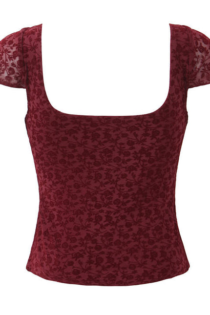Short Sleeve Red Color Front Bow Tie Floral Pattern Casual Fashion Crop Top Blouse for Women