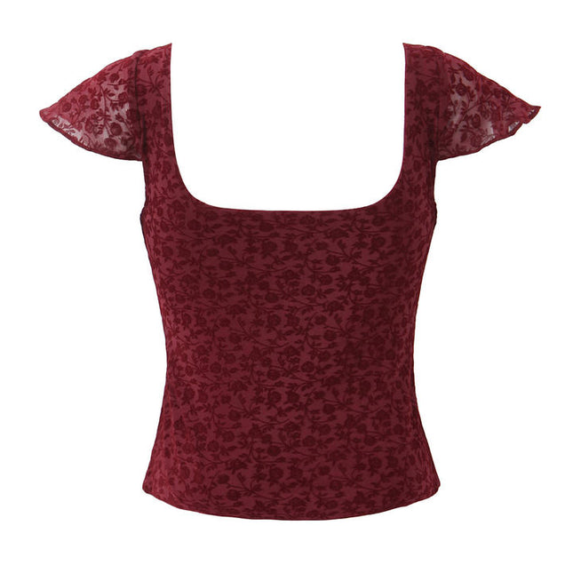 Short Sleeve Red Color Front Bow Tie Floral Pattern Casual Fashion Crop Top Blouse for Women