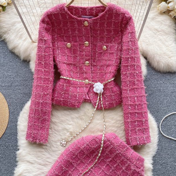 New Women's Winter Luxury Suit Long Sleeve Cardigan Coat Split Mid Length Skirt Female Two Pieces Skirt Set