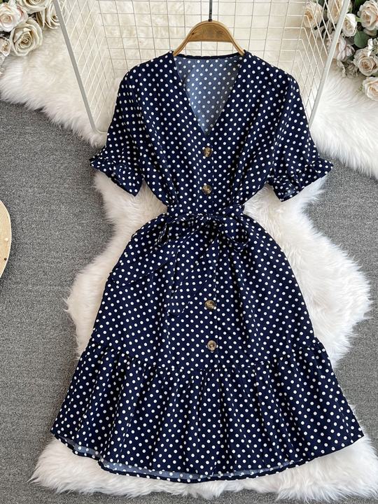 Short Sleeved V-Neck Lace-Up Single-Breasted A-Line Ruffled Polka Dot Dress Female