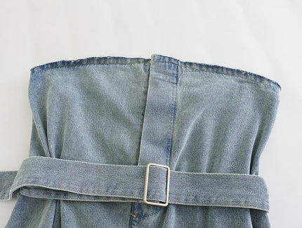 Denim Blue Color Strapless Sashes Casual Fashion Women's Jeans Crop tank Top