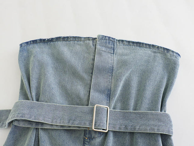 Denim Blue Color Strapless Sashes Casual Fashion Women's Jeans Crop tank Top