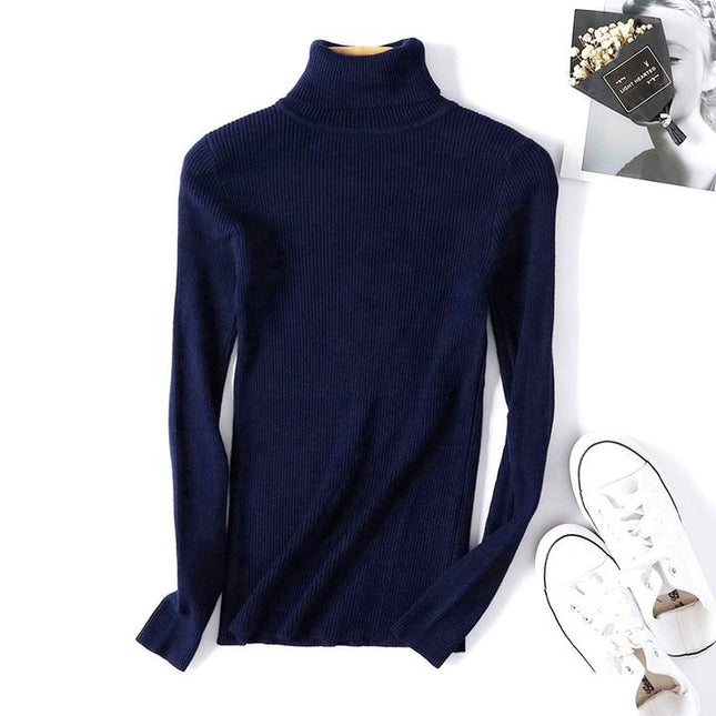 Fall Winter New Female Slim Fit Pullover Solid Color Knitted Shirt Women Sweaters Turtleneck