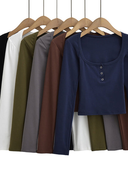 6 Colorway Solid Color square Collar Long Sleeve Casual Fashion Women t Shirt