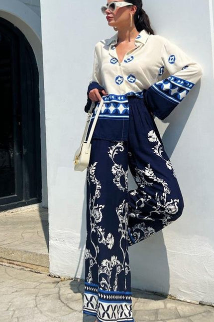 Women's 2024 New Fashion Positioning Print Loose Long Sleeved Top Wide Leg Pants Two Piece Set