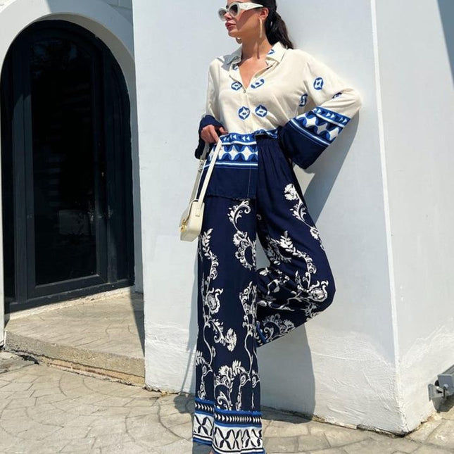 Women's 2024 New Fashion Positioning Print Loose Long Sleeved Top Wide Leg Pants Two Piece Set