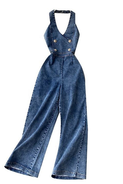 Vintage Wide Leg Women'S Suspenders Sleeveless Denim Jumpsuit