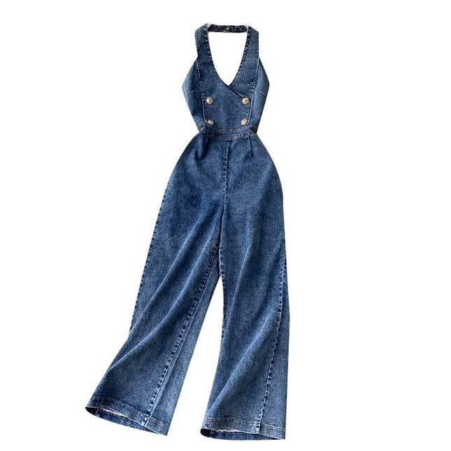 Vintage Wide Leg Women'S Suspenders Sleeveless Denim Jumpsuit
