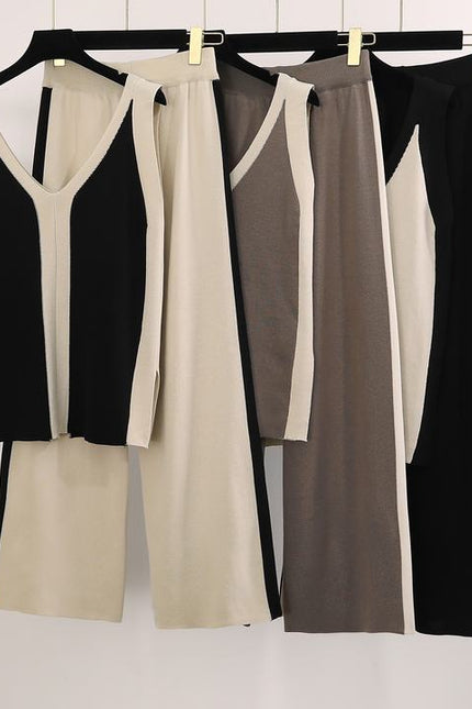 New Color Matching V-neck Vest Knitted Split Top Color Matching Wide Leg Pants Knitted Two-piece Set