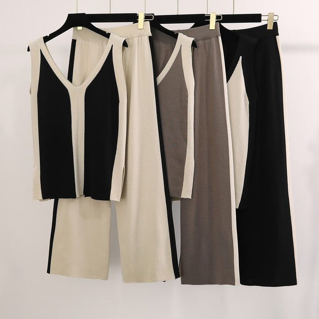 New Color Matching V-neck Vest Knitted Split Top Color Matching Wide Leg Pants Knitted Two-piece Set