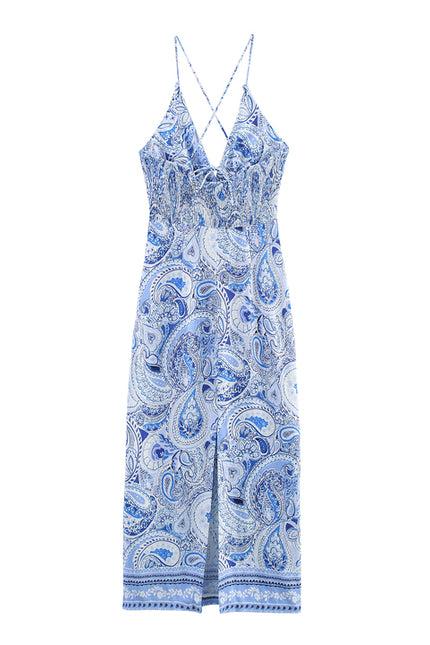 Floral Print Blue Color Floral Print Back Slit Hollow Out Pleated Casual Fashion Summer Long Dress for Women