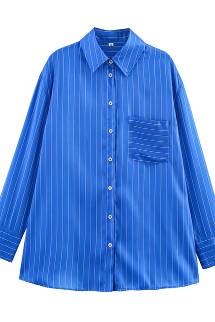 Turn Down Collar Blue Color Striped Print Long Sleeve Buttons up Casual Fashion Tops Blouse for Women