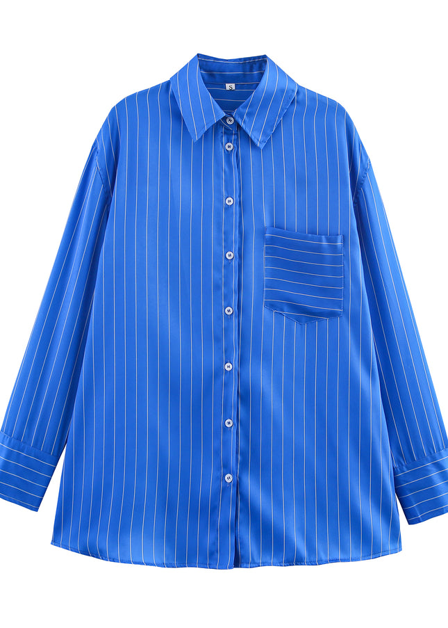 Turn Down Collar Blue Color Striped Print Long Sleeve Buttons up Casual Fashion Tops Blouse for Women