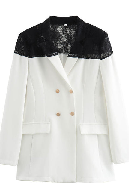 Patchwork Design White Black Color Double Breasted Long Sleeve Casual Fashion blazer for Women