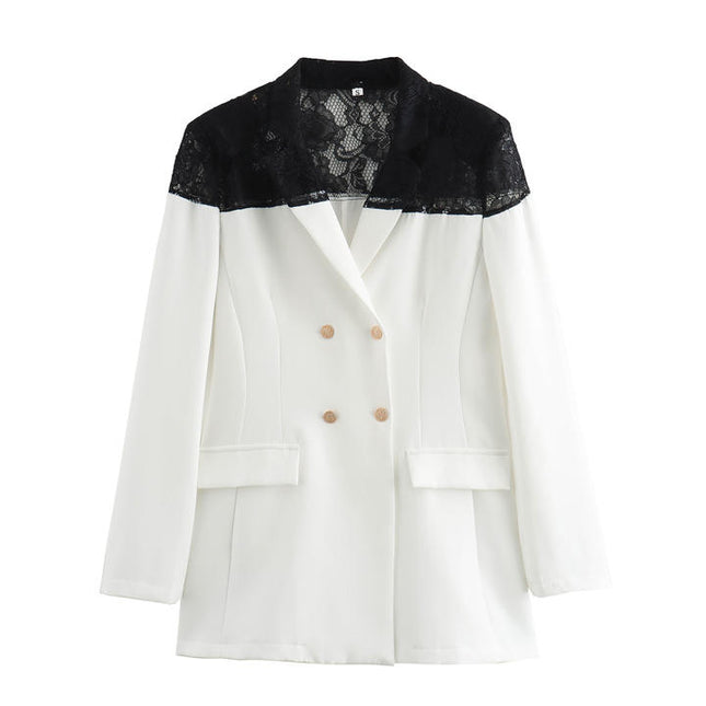 Patchwork Design White Black Color Double Breasted Long Sleeve Casual Fashion blazer for Women