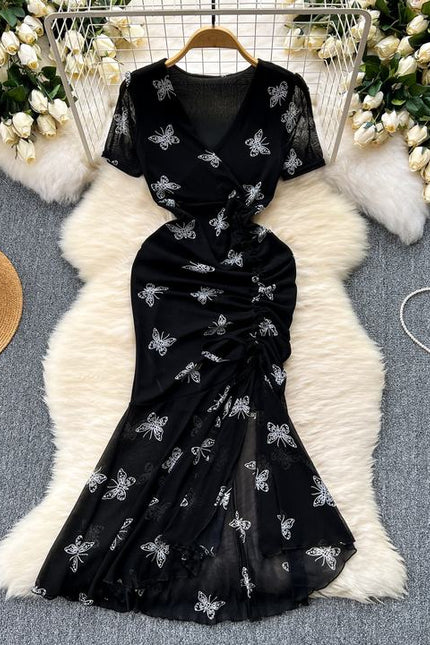 Vestido feminino infantil de verão novo elegante, vestido sexy com gravata plissada slim rabo de peixe