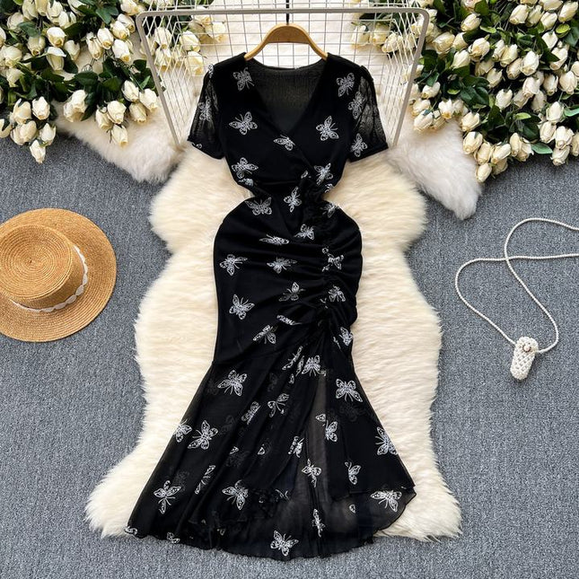 Vestido feminino infantil de verão novo elegante, vestido sexy com gravata plissada slim rabo de peixe