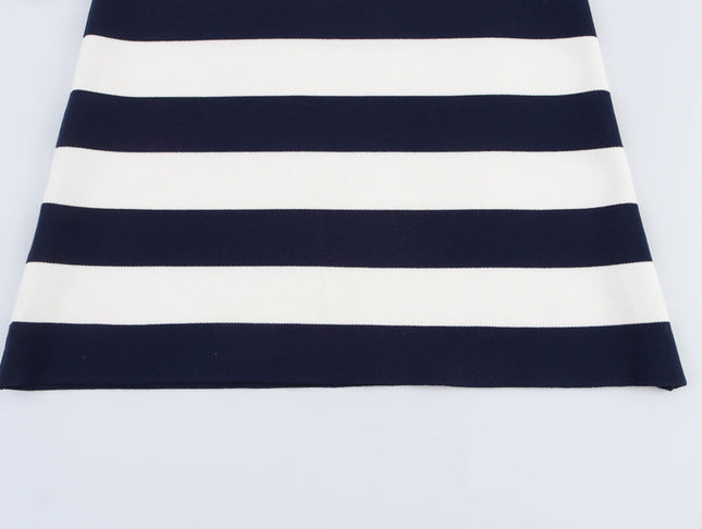 Turn Down Collar Zipper Fly Striped Pattern Navy White Color Sleeveless Casual Fashion Mini Knit Dress for Women