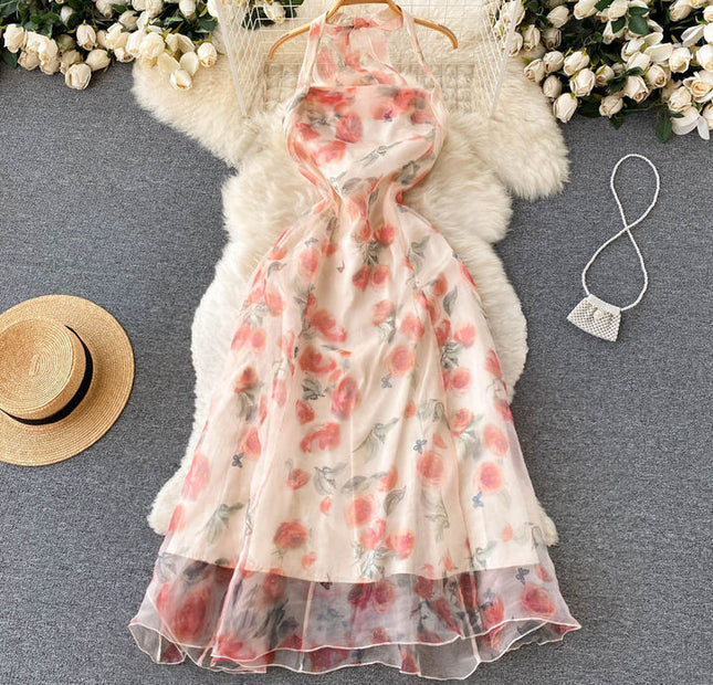 Vestido de verão feminino, praia resort vestido de pescoço com estampa francesa vestido de alcinha