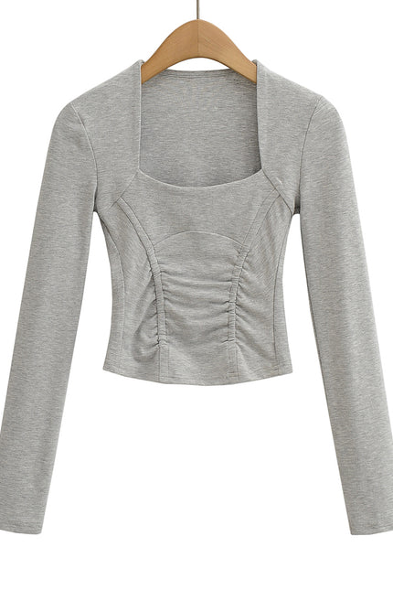 5 Colorway square Collar Solid Color Front Pleated Long Sleeve Casual Women's T-shirt