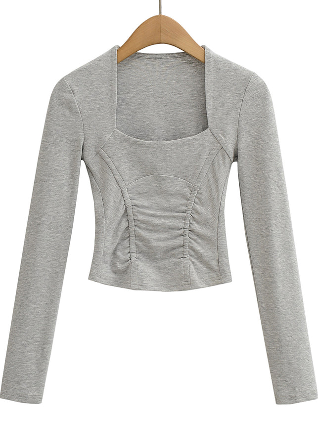 5 Colorway square Collar Solid Color Front Pleated Long Sleeve Casual Women's T-shirt