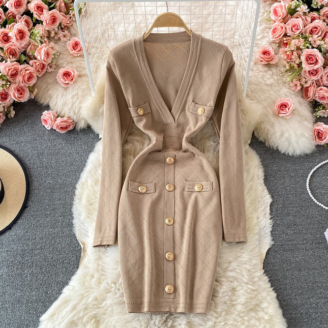 Wholesale Autumn and Winter V Neck Bodycon Elegant Jersey Casual Dresses for Women
