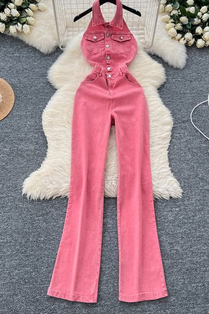 Summer Jumpsuit Hanging Neck Sleeveless Backless High Waist Wide Leg Denim Jumpsuit