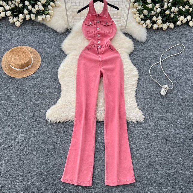 Summer Jumpsuit Hanging Neck Sleeveless Backless High Waist Wide Leg Denim Jumpsuit