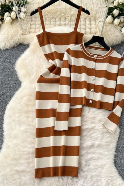 Striped Cardigan Coat Two-piece Dress for Women Vintage Charm Elegant Temperament Slimming Effect Sexy Form-fitting Maxi Dress